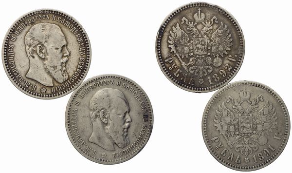 RUSSIA. San Pietroburgo. Alessandro III (1881-1894). Rublo 1891 - 1892. Lotto di due esemplari rari. Ag  - Asta Monete e medaglie medievali e moderne italiane ed estere - Associazione Nazionale - Case d'Asta italiane