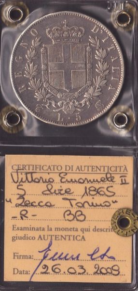 REGNO D'ITALIA. Torino. Vittorio Emanuele II (1861-1878). 5 lire 1865. Ag  - Asta Monete e medaglie medievali e moderne italiane ed estere - Associazione Nazionale - Case d'Asta italiane