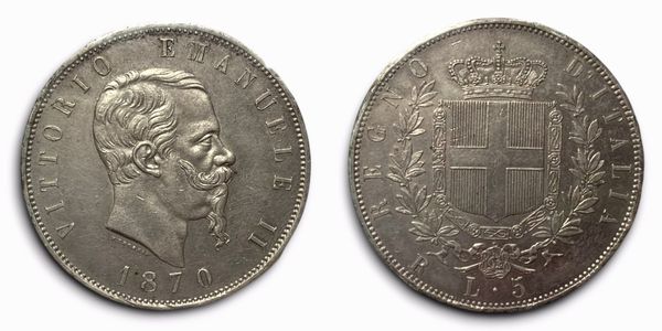 REGNO D'ITALIA. Roma. Vittorio Emanuele II (1861-1878). 5 lire 1870. Ag  - Asta Monete e medaglie medievali e moderne italiane ed estere - Associazione Nazionale - Case d'Asta italiane