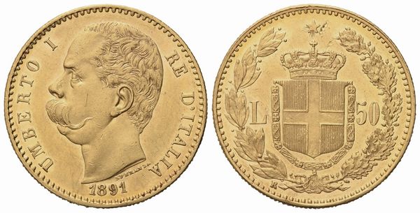 REGNO D'ITALIA. Umberto I (1878-1900). 50 Lire 1891. Au (16,16 G; 28 mm)  - Asta Monete e medaglie medievali e moderne italiane ed estere - Associazione Nazionale - Case d'Asta italiane