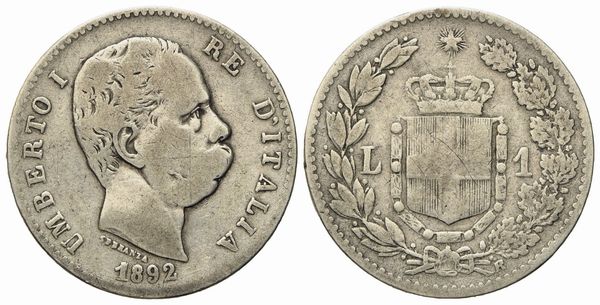 REGNO D'ITALIA. Umberto I (1878-1900). 1 Lira 1892. Ag (4,83 g; 22,8 mm)  - Asta Monete e medaglie medievali e moderne italiane ed estere - Associazione Nazionale - Case d'Asta italiane