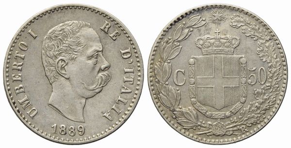 REGNO D'ITALIA. Umberto I (1878-1900). 50 centesimi 1889. Ag (2,51 g; 18,21 mm)  - Asta Monete e medaglie medievali e moderne italiane ed estere - Associazione Nazionale - Case d'Asta italiane