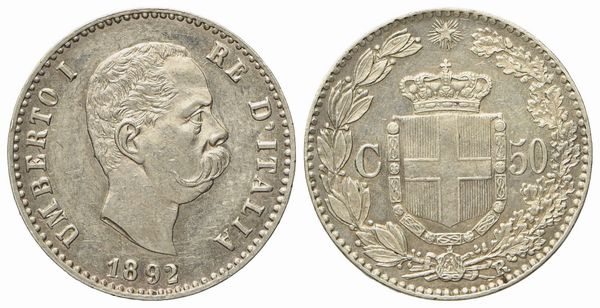 REGNO D'ITALIA. Umberto I (1878-1900). 50 Centesimi 1892. Ag (2,49 g; 17,9 mm)  - Asta Monete e medaglie medievali e moderne italiane ed estere - Associazione Nazionale - Case d'Asta italiane