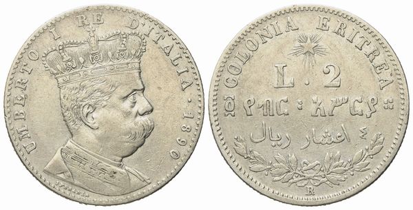 REGNO D'ITALIA. Colonia Eritrea. Umberto I (1890-1896). 2 Lire - 4/10 di Tallero 1890. Ag (10 g; 27 mm)  - Asta Monete e medaglie medievali e moderne italiane ed estere - Associazione Nazionale - Case d'Asta italiane