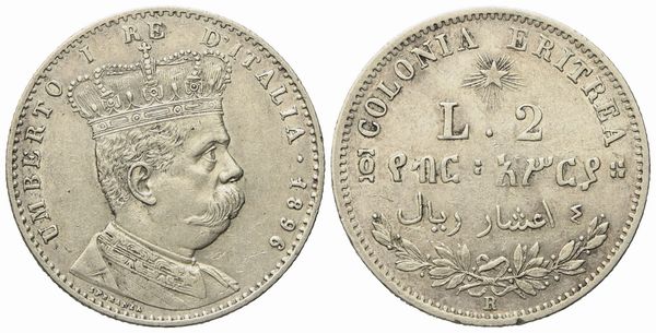 REGNO D'ITALIA. Colonia Eritrea. Umberto I (1890-1896). 2 Lire - 4/10 Tallero 1896. Ag (10 g; 27,2 mm)  - Asta Monete e medaglie medievali e moderne italiane ed estere - Associazione Nazionale - Case d'Asta italiane