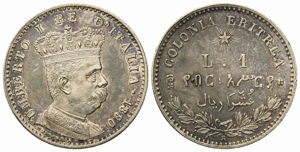 REGNO D'ITALIA. Colonia Eritrea. Umberto I (1890-1896). 1 Lira - 2/10 Tallero 1890. Ag (4,97 g; 23,1 mm)  - Asta Monete e medaglie medievali e moderne italiane ed estere - Associazione Nazionale - Case d'Asta italiane