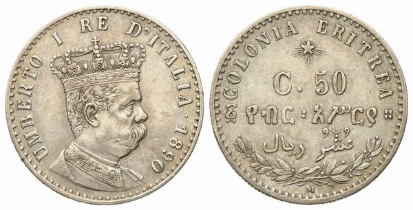 REGNO D'ITALIA. Colonia Eritrea. Umberto I (1890-1896). 50 Centesimi - 1/10 Tallero 1890. Ag (2,48 g; 18 mm)  - Asta Monete e medaglie medievali e moderne italiane ed estere - Associazione Nazionale - Case d'Asta italiane