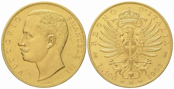 REGNO D'ITALIA. Vittorio Emanuele III (1900 - 1943). 100 lire 1903 'Aquila araldica'. Au (32,20 g; 35 mm)  - Asta Monete e medaglie medievali e moderne italiane ed estere - Associazione Nazionale - Case d'Asta italiane