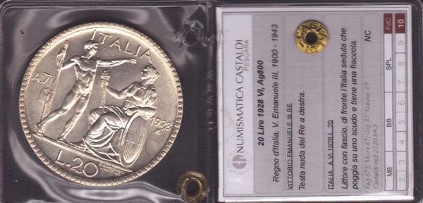 REGNO D'ITALIA. Vittorio Emanuele III (1900-1946). 20 Lire 1928. Ag (15,01 g; 35,63 mm)  - Asta Monete e medaglie medievali e moderne italiane ed estere - Associazione Nazionale - Case d'Asta italiane