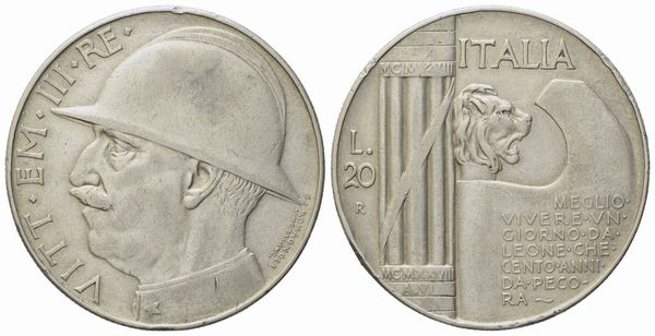 REGNO D'ITALIA. Vittorio Emanuele III (1900-1943). 20 Lire 1928 “Elmetto”. Ag (19,90 g; 35 mm)  - Asta Monete e medaglie medievali e moderne italiane ed estere - Associazione Nazionale - Case d'Asta italiane