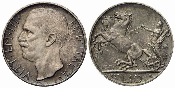 REGNO D'ITALIA. Vittorio Emanuele III (1900-1943). 10 lire biga 1927 due rosette. Ag (10 g; 26,8 mm)  - Asta Monete e medaglie medievali e moderne italiane ed estere - Associazione Nazionale - Case d'Asta italiane