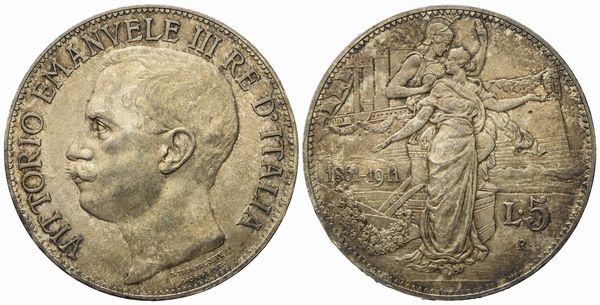 REGNO D'ITALIA. Vittorio Emanuele III (1900 - 1943). 5 lire 1911 Cinquantenario. Ag (24,96 g; 36,9 mm)  - Asta Monete e medaglie medievali e moderne italiane ed estere - Associazione Nazionale - Case d'Asta italiane