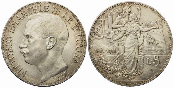 REGNO D'ITALIA. Vittorio Emanuele III (1900 - 1943). 5 lire 1911 Cinquantenario. Ag (25,03 g; 36,9 mm)  - Asta Monete e medaglie medievali e moderne italiane ed estere - Associazione Nazionale - Case d'Asta italiane