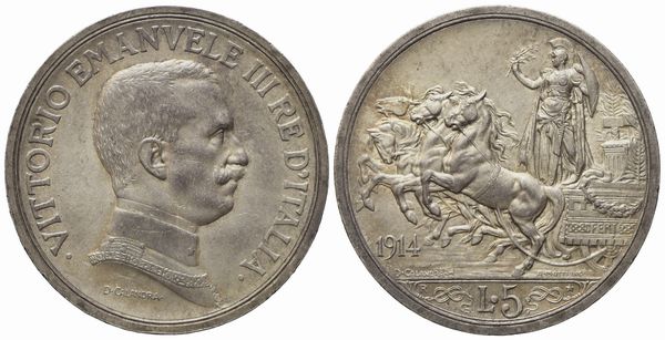 REGNO D'ITALIA. Vittorio Emanuele III (1900 - 1943). 5 lire 1914 Quadriga briosa Ag (24,97 g; 36,9 mm)  - Asta Monete e medaglie medievali e moderne italiane ed estere - Associazione Nazionale - Case d'Asta italiane