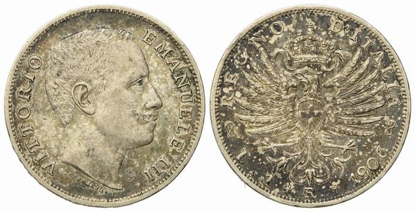 REGNO D'ITALIA. Vittorio Emanuele III (1900 - 1943). 1 lira 1906 Aquila araldica. Ag (4,98 g; 22,8 mm)  - Asta Monete e medaglie medievali e moderne italiane ed estere - Associazione Nazionale - Case d'Asta italiane