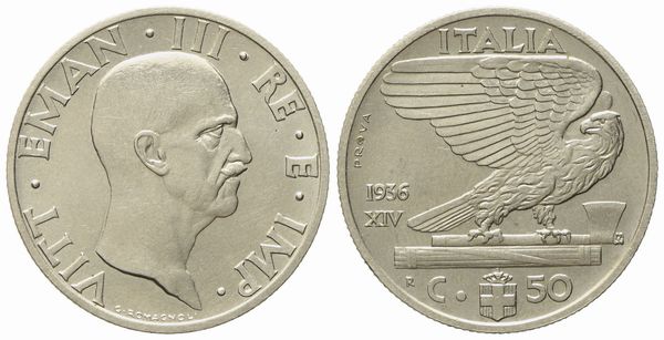 REGNO D'ITALIA. Vittorio Emanuele III (1900 - 1943). 50 Centesimi 1936 Impero PROVA. Ni (6,08 g; 23,7 mm)  - Asta Monete e medaglie medievali e moderne italiane ed estere - Associazione Nazionale - Case d'Asta italiane