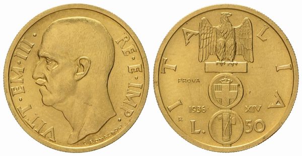 REGNO D'ITALIA. Vittorio Emanuele III (1900-1946). 50 Lire 1936 'Impero'. PROVA. Au (4,41 g; 20,4 mm)  - Asta Monete e medaglie medievali e moderne italiane ed estere - Associazione Nazionale - Case d'Asta italiane