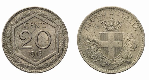 REGNO D'ITALIA. Vittorio Emanuele III (1900-1946). 20 Centesimi 1918 Esagono. CuNi (3,92 g; 21,1 mm)  - Asta Monete e medaglie medievali e moderne italiane ed estere - Associazione Nazionale - Case d'Asta italiane