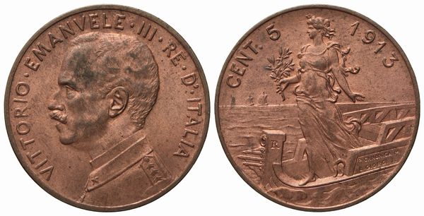 REGNO D'ITALIA. Vittorio Emanuele III (1900 - 1943). 5 centesimi 1913 Italia su prora. Cu (4,99 g; 24,7 mm)  - Asta Monete e medaglie medievali e moderne italiane ed estere - Associazione Nazionale - Case d'Asta italiane