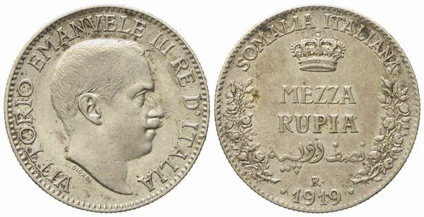 SOMALIA ITALIANA. Vittorio Emanuele III (1909-1925). Mezza rupia 1919. Ag (24,33 mm; 5,81 g)  - Asta Monete e medaglie medievali e moderne italiane ed estere - Associazione Nazionale - Case d'Asta italiane