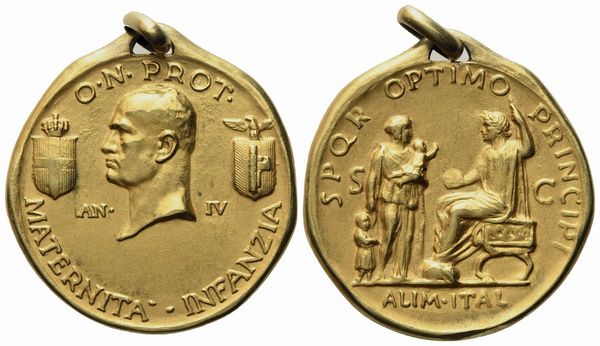 REGNO D'ITALIA. Vittorio Emanuele III (1900 - 1943). Medaglia per l'Opera Protezione Maternità e Infanzia. A. XV (1937). Au (12,36 g; 28 mm)  - Asta Monete e medaglie medievali e moderne italiane ed estere - Associazione Nazionale - Case d'Asta italiane