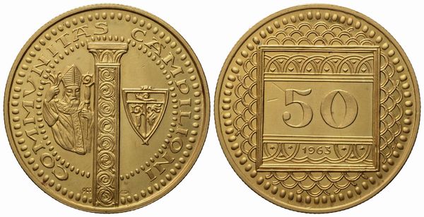 CAMPIONE D'ITALIA. Gettone da 50 franchi 1963. Au 900 (7,86 g; 22 mm)  - Asta Monete e medaglie medievali e moderne italiane ed estere - Associazione Nazionale - Case d'Asta italiane