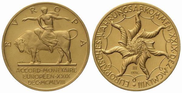 ITALIA. Medaglia 3 Ducati. Accordo Monetario Europeo 1958. Opus: Mistruzzi. Au (10,49 g; 25 mm)  - Asta Monete e medaglie medievali e moderne italiane ed estere - Associazione Nazionale - Case d'Asta italiane