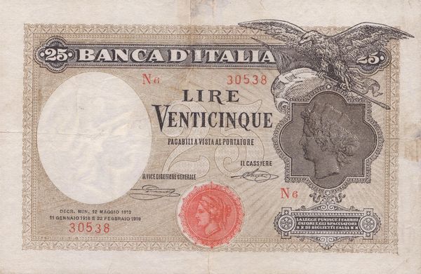 REGNO D'ITALIA. Vittorio Emanuele III (1900-1943). 25 Lire Aquila latina 12-05-1919  - Asta Monete e medaglie medievali e moderne italiane ed estere - Associazione Nazionale - Case d'Asta italiane