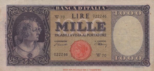 REPUBBLICA ITALIANA. 1000 Lire Italia - Testina (1947). Serie sostitutiva W  - Asta Monete e medaglie medievali e moderne italiane ed estere - Associazione Nazionale - Case d'Asta italiane