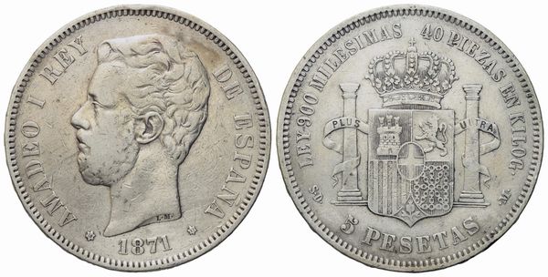 SPAGNA. Amedeo I (1871-1873). 5 pesetas 1871. Ag (24,95 g; 37 mm)  - Asta Monete e medaglie medievali e moderne italiane ed estere - Associazione Nazionale - Case d'Asta italiane