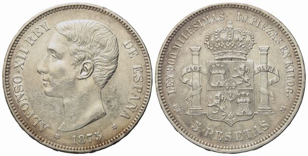 SPAGNA. Alfonso XII (1874-1889).  5 pesetas 1875. Ag (25,07 g; 37 mm)  - Asta Monete e medaglie medievali e moderne italiane ed estere - Associazione Nazionale - Case d'Asta italiane