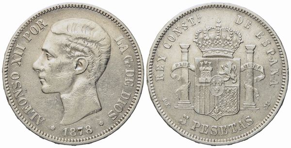 SPAGNA. Alfonso XII (1874-1889). 5 pesetas 1878. Ag (25,04 g; 37 mm)  - Asta Monete e medaglie medievali e moderne italiane ed estere - Associazione Nazionale - Case d'Asta italiane