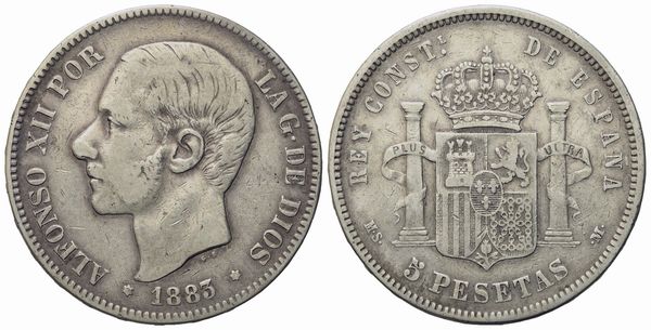 SPAGNA. Alfonso XII (1874-1889). 5 pesetas 1883. Ag (24,70 g; 37,2 mm)  - Asta Monete e medaglie medievali e moderne italiane ed estere - Associazione Nazionale - Case d'Asta italiane