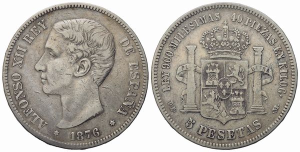 SPAGNA. Alfonso XII (1874-1889). 5 pesetas. Ag (24,50 g; 37 mm)  - Asta Monete e medaglie medievali e moderne italiane ed estere - Associazione Nazionale - Case d'Asta italiane