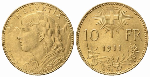 SVIZZERA. 10 franchi 1911 B. Au 900 (3,21 g, 18,6 mm)  - Asta Monete e medaglie medievali e moderne italiane ed estere - Associazione Nazionale - Case d'Asta italiane