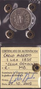 REGNO DI SARDEGNA. Genova. Carlo Alberto (1831-1849) 1 lira 1835. Ag  - Asta Monete e medaglie medievali e moderne italiane ed estere - Associazione Nazionale - Case d'Asta italiane