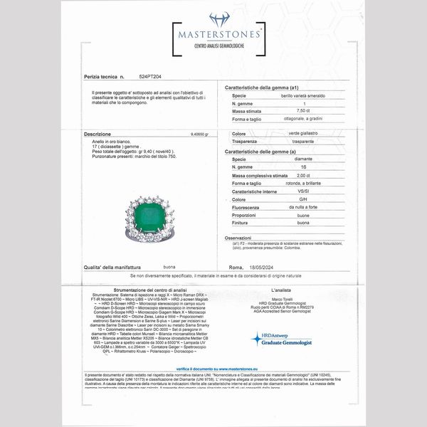 Anello in oro bianco 18kt con smeraldo naturale Colombiano  - Asta Gioielli e Orologi - Associazione Nazionale - Case d'Asta italiane