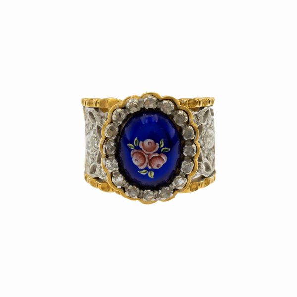 Anello in oro giallo e bianco 18kt con smalto policromo  - Asta Gioielli e Orologi - Associazione Nazionale - Case d'Asta italiane