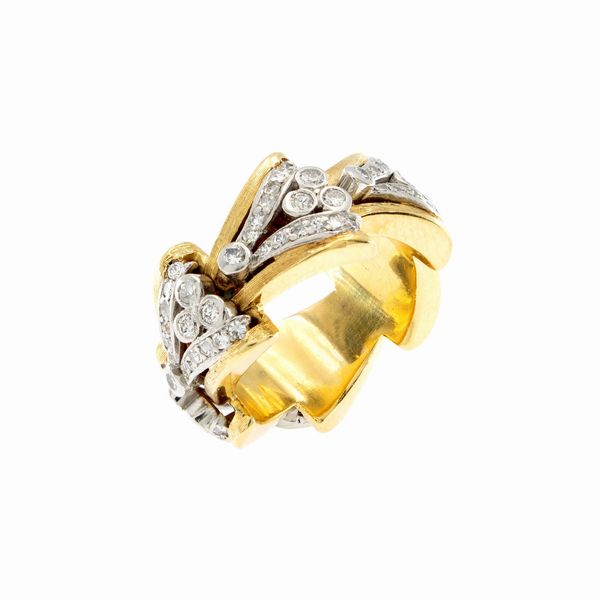 Anello fascia in oro giallo 18kt, platino e diamanti  - Asta Gioielli e Orologi - Associazione Nazionale - Case d'Asta italiane