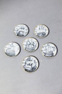 PIERO FORNASETTI Milano 1913 - 1988 - Sei piattini della serie Velieri
