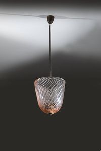 SEGUSO - Lampada a sospensione in vetro lavorato a costolature ritorte. Anni '50 h cm 110x30