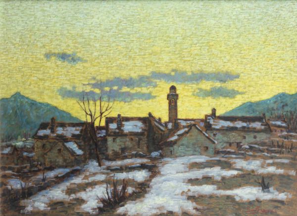 SEVERINO FERRARIS Prestinone (VB) 1903 - 1979 : Tramonto invernale  Prestinone  (Valle Vigezzo)  - Asta Dipinti  - Associazione Nazionale - Case d'Asta italiane