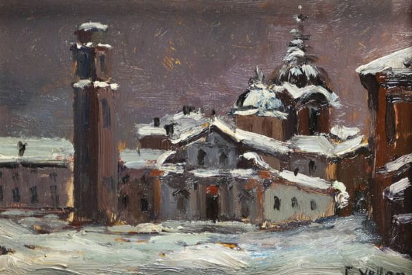 FELICE VELLAN Torino 1889 - 1976 : Borgo sotto la neve  - Asta Dipinti  - Associazione Nazionale - Case d'Asta italiane