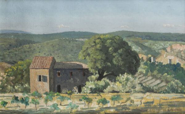 GIOVANNI COLACICCHI Anagni (FR) 1900 - 1993 Firenze : Casolare di campagna  - Asta Dipinti  - Associazione Nazionale - Case d'Asta italiane