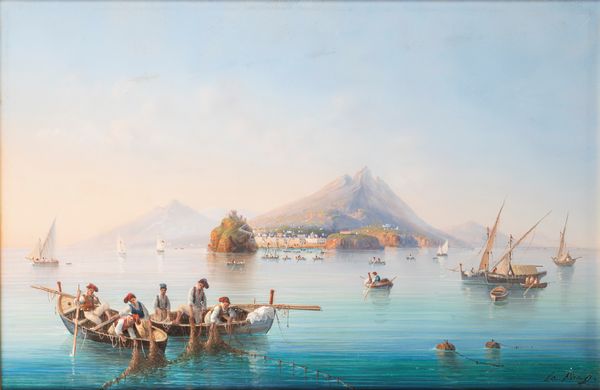 Gioacchino La Pira : Pescatori al largo di Ischia  - Asta Importanti Dipinti e Sculture / Arte Figurativa tra XIX e XX Secolo - Associazione Nazionale - Case d'Asta italiane