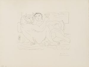 Pablo Picasso - Minotaure, une Coupe  la Main, et jeune Femme, Tav. 83 de La Suite Vollard