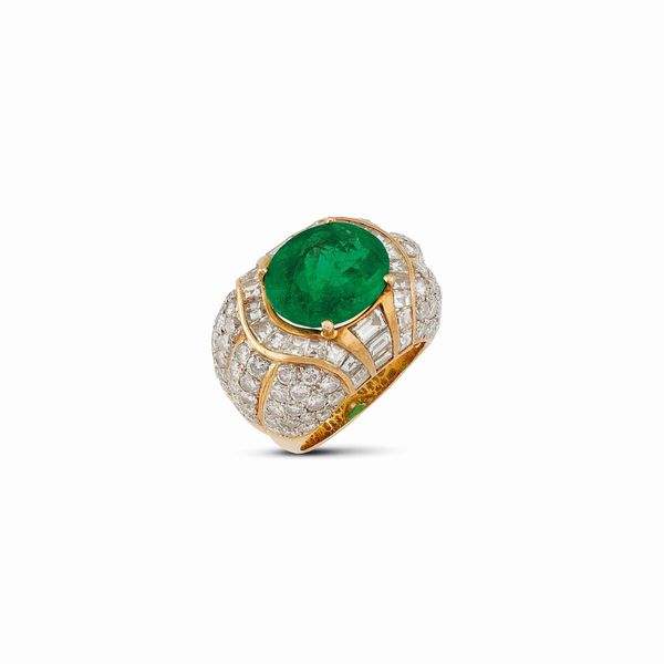 ANELLO A FASCIA CON SMERALDO COLOMBIANO E DIAMANTI  - Asta GIOIELLI - Associazione Nazionale - Case d'Asta italiane