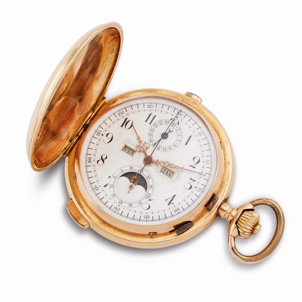 OROLOGIO DA TASCA CRONOGRAFO RIPETIZIONE QUARTI CALENDARIO E FASI LUNARI  - Asta OROLOGI - Associazione Nazionale - Case d'Asta italiane