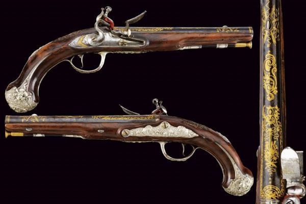 Paio di straordinarie pistole a pietra focaia di Peyret - Dumarest con fornimenti in argento  - Asta Rare Armi Antiche e Militaria da Tutto il Mondo - Associazione Nazionale - Case d'Asta italiane