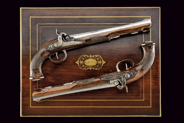 Paio di pistole di Boutet ridotte a luminello, in cassetta  - Asta Rare Armi Antiche e Militaria da Tutto il Mondo - Associazione Nazionale - Case d'Asta italiane